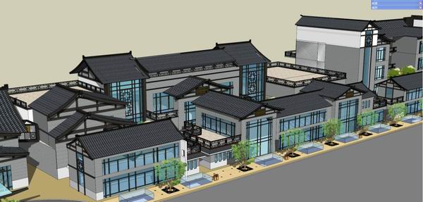 SketchUp Business Model: Multi-Story Commercial and Pedestrian Street in Traditional Chinese Style