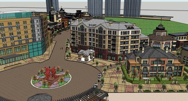 SketchUp Business Model: Multi-Story Commercial and Pedestrian Street in Classical Style