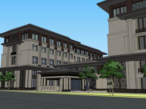 Multi-Story Modern Chinese Style Hotel Model in SketchUp