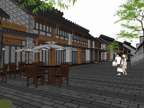 SketchUp Business Model: Multi-Story Commercial and Pedestrian Street in Traditional Chinese Style