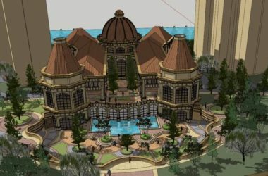 SketchUp Residential Model: Multi-Story Community Clubhouse with Sunken Plaza in Classical Style-BIM WORLD
