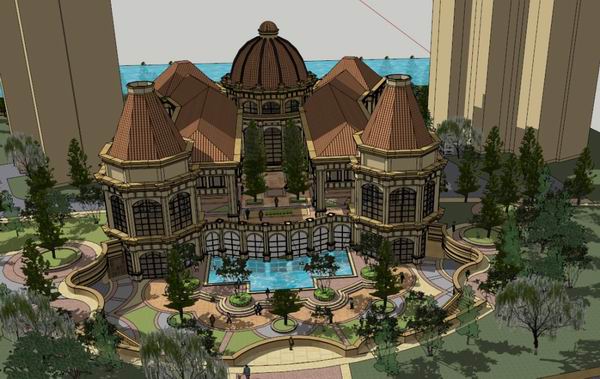 SketchUp Residential Model: Multi-Story Community Clubhouse with Sunken Plaza in Classical Style