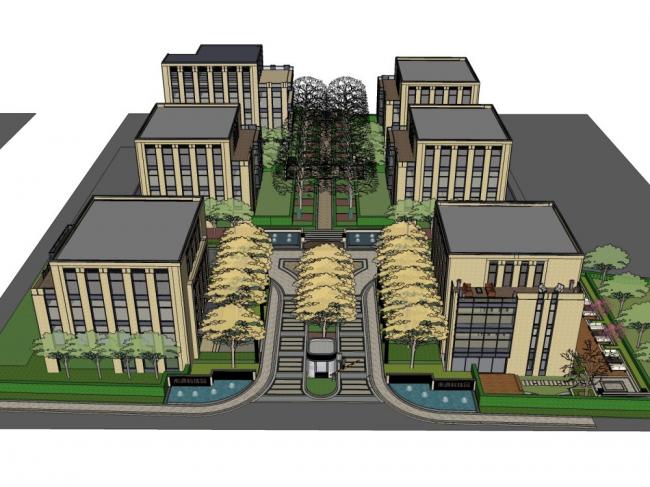Modern Multi-Story Community Entrance Landscape Design in SketchUp Residential Model