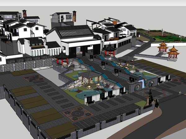 SketchUp Multi-Story Leisure Club Resort and Hotel in Traditional Chinese Style