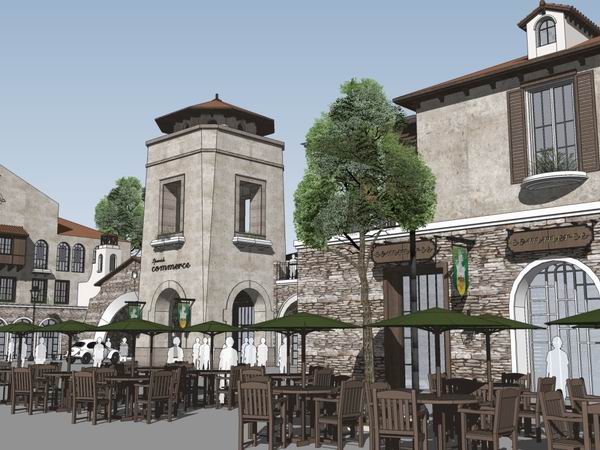 SketchUp Business Model: Multi-Story Commercial and Pedestrian Street in Classic Spanish Style