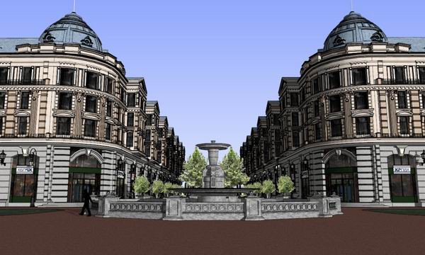 SketchUp Business Model: Multi-Story Pedestrian Street with Classical Commercial Design