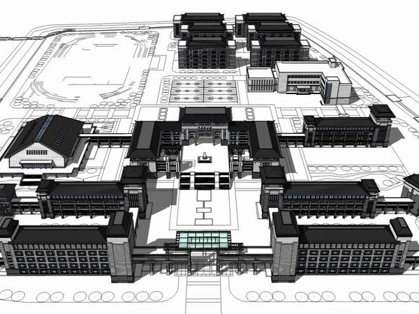 Multi-Story Middle School Campus Model with Chinese Architectural Style in SketchUp