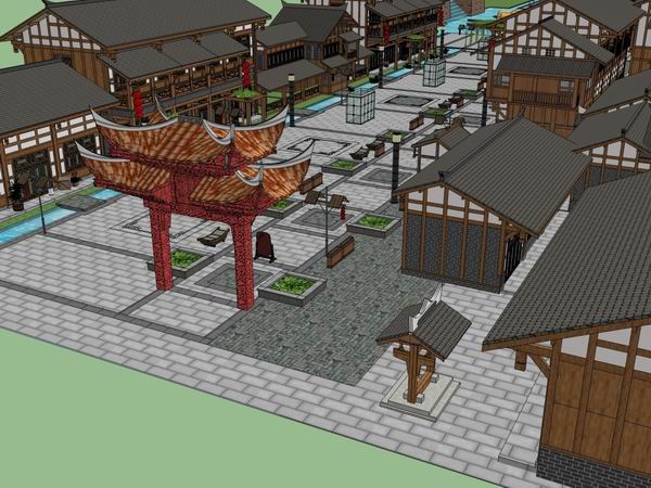 SketchUp Business Model: Multi-Story Commercial Street in Traditional Chinese Style
