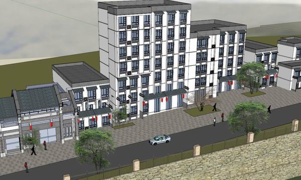 SketchUp Business Model: Multi-Story Antique Waterfront Street with Modern Chinese Commercial Design