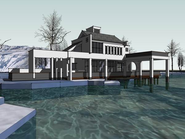SketchUp Landscape Model: Multi-Story Huizhou Landscape Club in Traditional Chinese Style