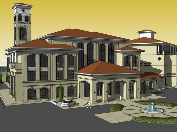 SketchUp Business Model: Multi-Story Clubhouse with Commercial and Classical Design