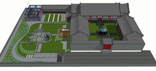 SketchUp Multi-Story Residential Model Featuring a Traditional Chinese Inner Courtyard