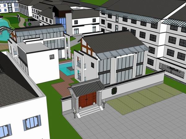Modern Multi-Story Chinese-Style Resort Hotel Model in SketchUp