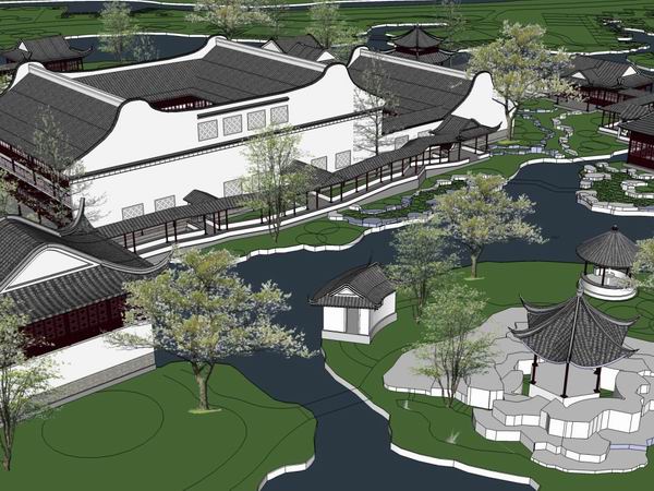 SketchUp Landscape Model | Multi-Story Leisure Club with Chinese-Inspired Design