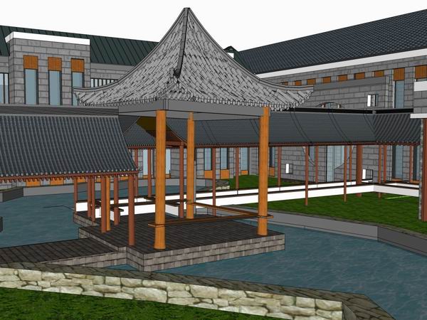 SketchUp Landscape Model: Multi-Story Visitor Reception Center with Chinese-Style Garden