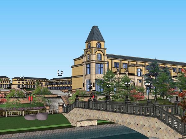 SketchUp Business Model: Multi-Story Commercial and Pedestrian Street in Classical Style