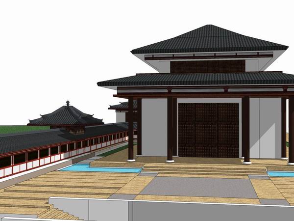 SketchUp Model of a Multi-Story Chinese-Style Convention and Exhibition Center with Partial Block Views
