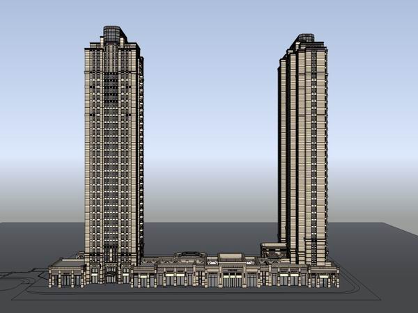 SketchUp Model: Classical High-Rise Residential with Ground-Level Commercial Spaces