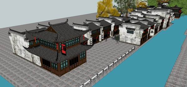 SketchUp Business Model: Multi-Story Huizhou-Style Commercial Street and Classical Public Buildings