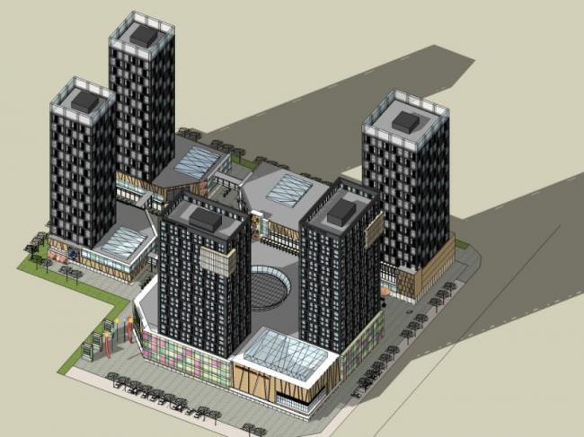 SketchUp Multi-Story High-Rise Complex with Modern Residential and Ground Floor Commercial Spaces