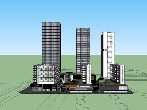 SketchUp Complex Model: Modern Multi-Story High-Rise with Offices, Residential Units, and Ground-Floor Retail
