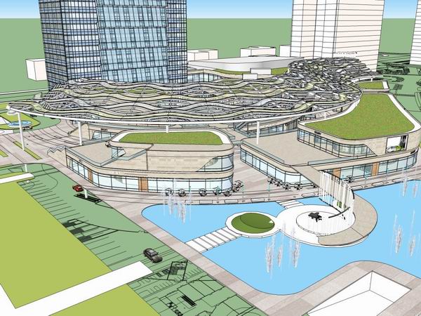 SketchUp Model of a Modern Super High-Rise Commercial and Office Complex with Ground Floor Retail