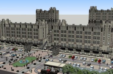 SketchUp Complex Model: Multi-Story High-Rise Office Building with Commercial Street and Classical Design-BIM WORLD