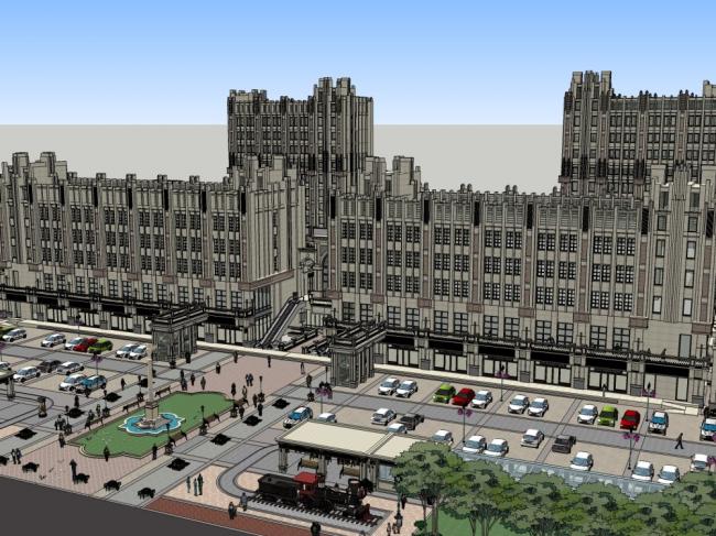 SketchUp Complex Model: Multi-Story High-Rise Office Building with Commercial Street and Classical Design