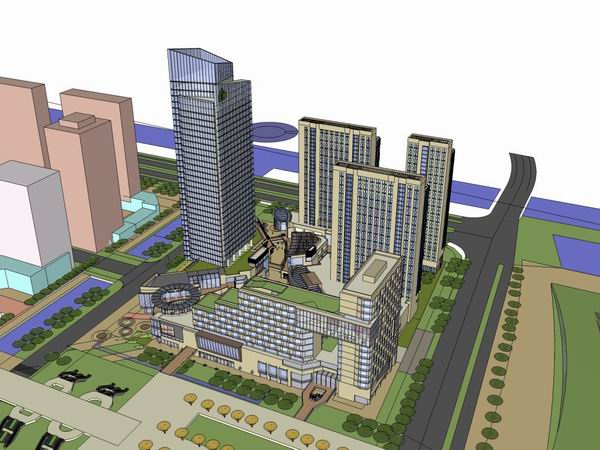 SketchUp Complex Model: Multi-Story Commercial and Residential Office Building in Modern Style