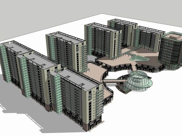 SketchUp Complex Model: Multi-Story High-Rise Office, Residential, and Commercial Building in Modern Style