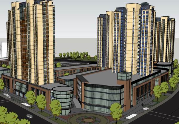 SketchUp Residential Models: Modern High-Rise Apartments with Ground-Level Shops and Large Commercial Spaces