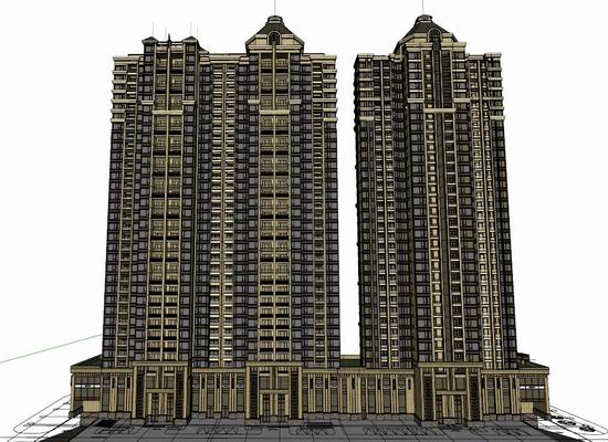 SketchUp Model of a Classical-Style Super High-Rise Residential Building with Ground Floor Retail