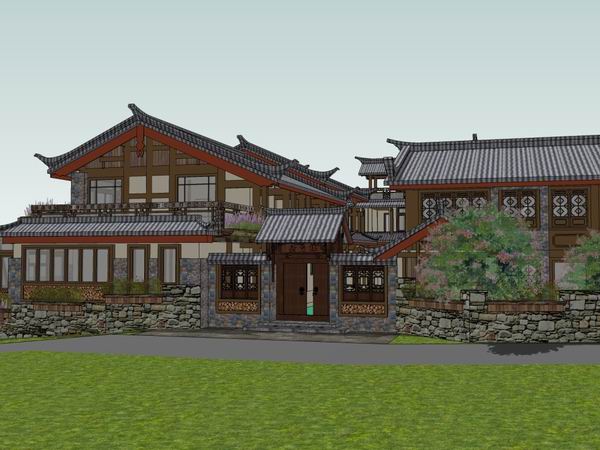 SketchUp Model of a 3-Story Antique Chinese-Style Hotel