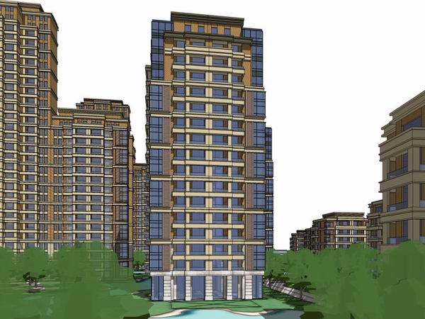 SketchUp Model of a Classic High-Rise Residential Building with 28, 18, and 7 Floors