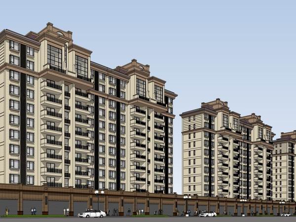 SketchUp Residential Design: Classical-Style High-Rise Apartments with Ground-Level Commercial Spaces