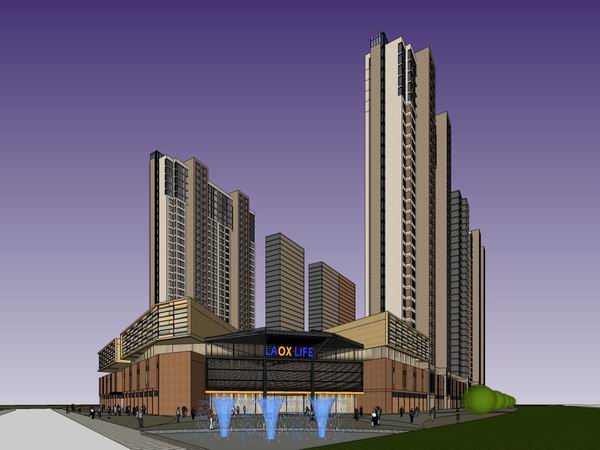 Modern High-Rise Residential SketchUp Model with Ground-Level Commercial Street