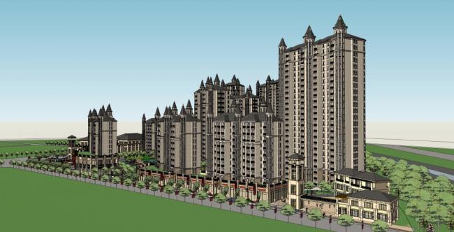 SketchUp Residential Model: 29-Story European-Style High-Rise with Commercial Street and Classic Design