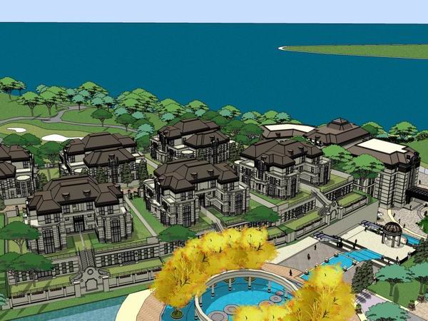 SketchUp Residential Model: 28-Story Classical High-Rise with Villas, Commercial Ground Floor, and Park