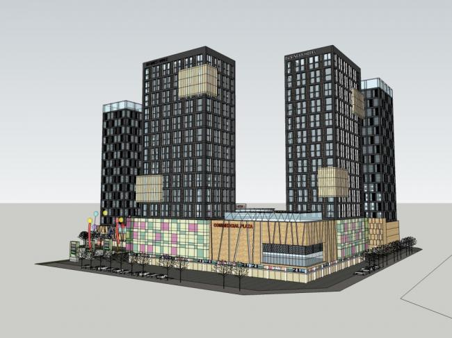 SketchUp Complex Model: Multi-Story High-Rise Featuring Modern Office, Residential, and Commercial Spaces