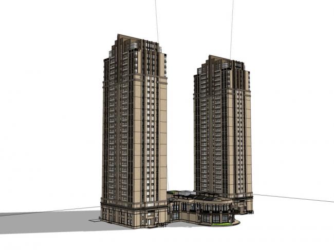 SketchUp Model of a 28-Story Classical High-Rise Residential Building with Commercial Street and Clubhouse