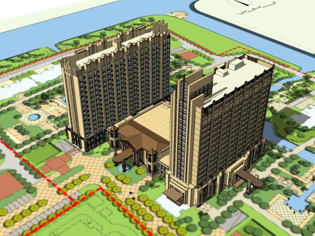 SketchUp Model of a 15-Story Classical High-Rise Residential Building with Clubhouse
