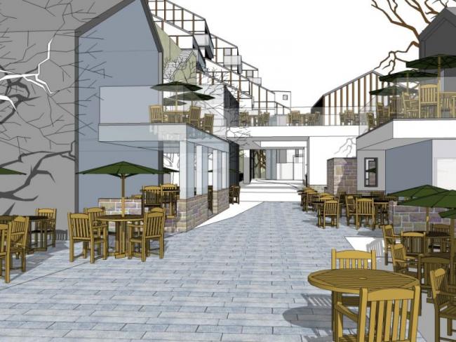 Modern Multi-Story Riverside Commercial Street Business Model in SketchUp