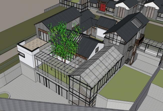 Modern Multi-Story Huizhou-Style Quadrangle Courtyard Residential Model in SketchUp