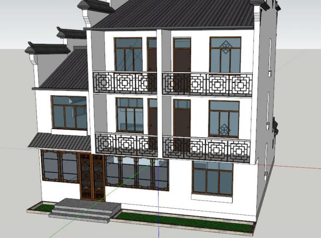 Multi-Story Huizhou-Style Residential Model in SketchUp