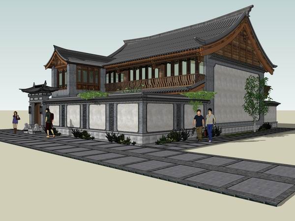 SketchUp Residential Model: Multi-Story Four-Bay Courtyard Wall in Chinese Style