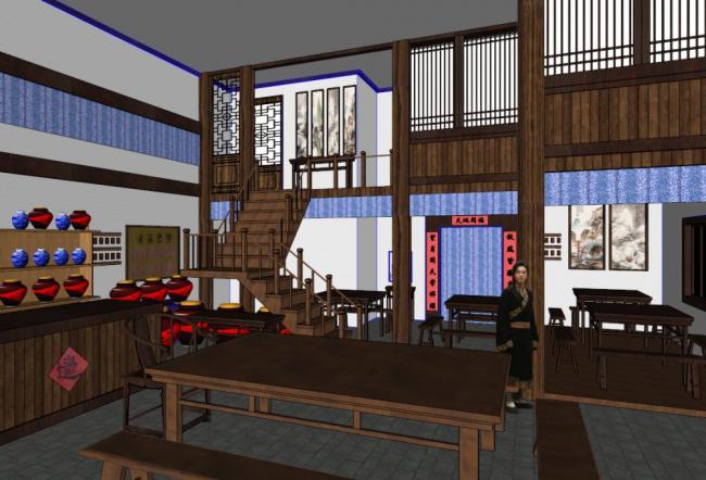 SketchUp Business Model: Multi-Story Chinese-Style Inn Hotel Design