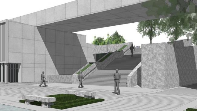 SketchUp Cultural Model: Multi-Story Exhibition Hall with Modern Square Landscape Design