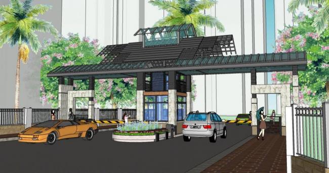 SketchUp Landscape Design: Chinese-Style Entrance with Security Pavilion and Single-Story Layout