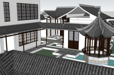 SketchUp Model of Traditional Chinese Multi-Story Courtyard with Gray Tiles and White Walls-BIM WORLD