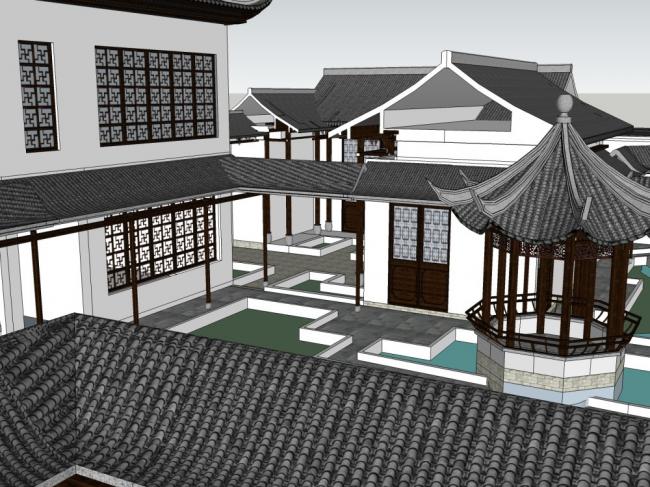 SketchUp Model of Traditional Chinese Multi-Story Courtyard with Gray Tiles and White Walls